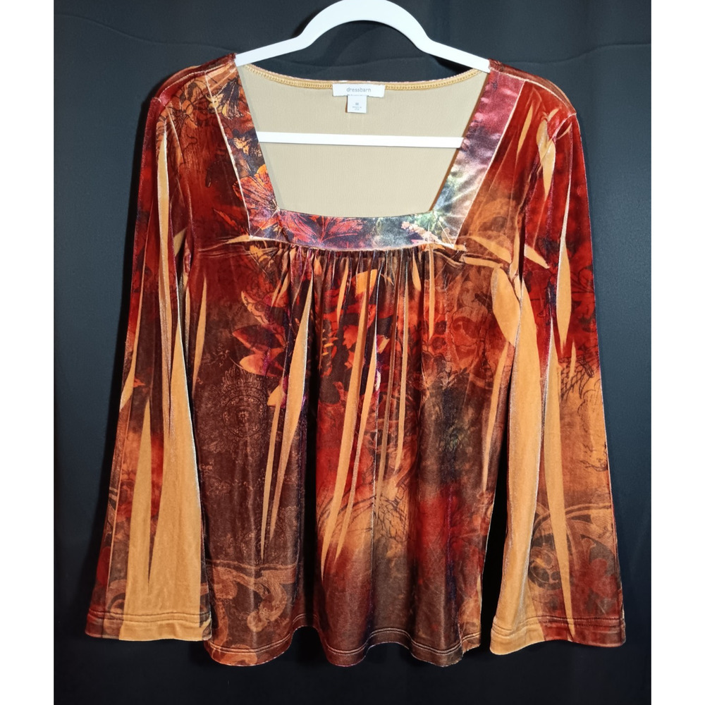 Dress Barn Floral Velvet Top M Square Neck Flare Sleeve Fairy Whimsigoth Fall